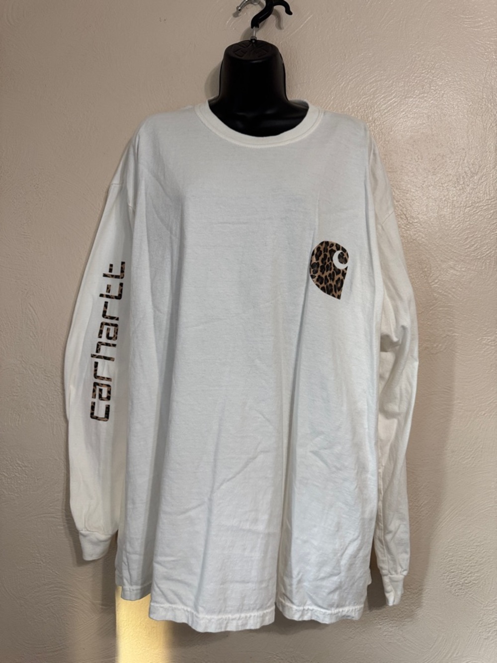 Carhartt White Long Sleeve Tee with Leopard Logo and Sleeve Script
